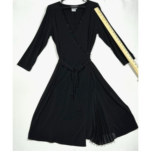 Donna Morgan Dress 16 Midi Black Long Sleeve Chiffon Fanning Jeweled Wrap style - Picture 3 of 9
